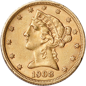 1908 Liberty Head $5 Gold Half Eagle Main Image