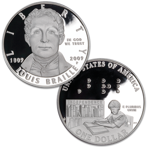 3 2009 Proof Louis Braille Bicentennial Dollars In