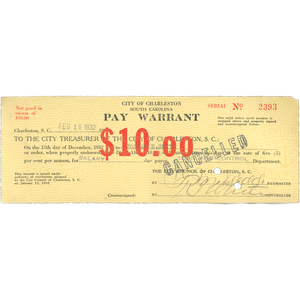 1932 SC Large $10 Pay Warrant Main Image