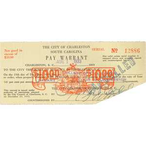 1933 SC Small $10 Pay Warrant Main Image