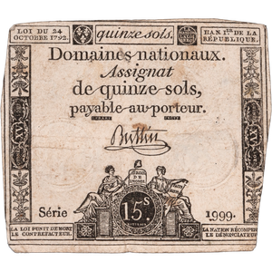 1789-1796 France 15 Sol Assignat Note Main Image