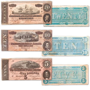 1864 Confederate States of America 3-Note Set ($5, $10 and $20), Circulated Main Image