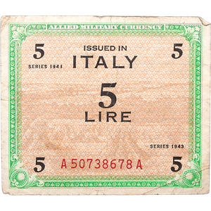1943-1944 Allied Military Currency, Italy 5 Lire Main Image