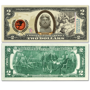 Colorized $2 Federal Reserve Note Greek Heroes & Monsters - Odysseus & the Cyclops Main Image