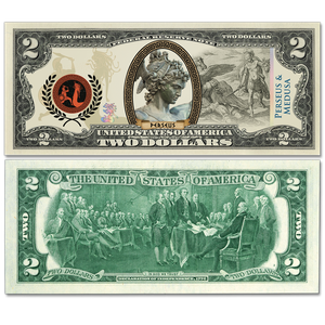 Colorized $2 Federal Reserve Note Greek Heroes & Monsters - Perseus & Medusa Main Image