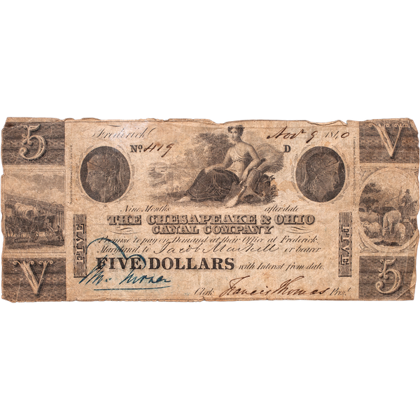 1840 $5 Chesapeake & Ohio Canal Company Obsolete Note