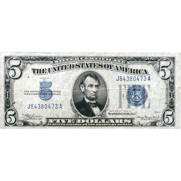 1934A $5 Silver Certificate VG