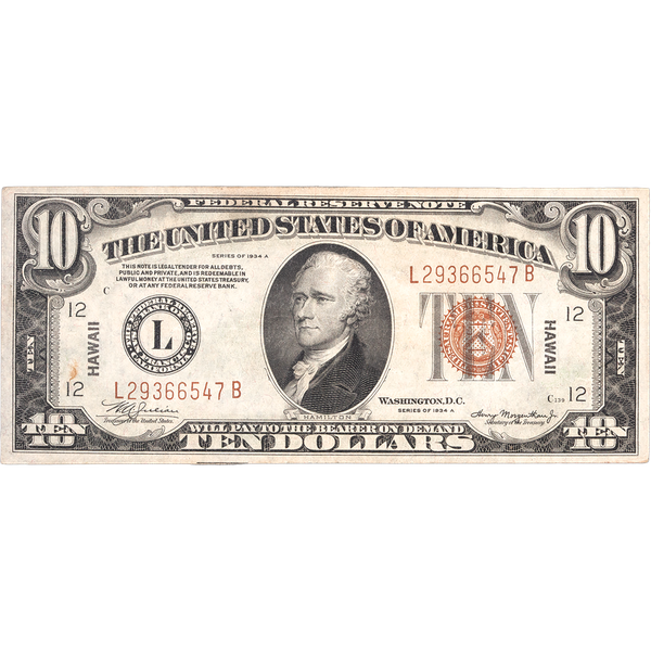 Series 1934A $10 Federal Reserve Note, Hawaii VF