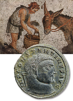 Floor mosaic of a child and a donkey (Great Palace Mosaic Museum)  and coin of Constantine the Great