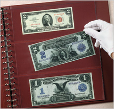 A large-size note is placed into a clear page of an archival-quality currency album.