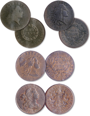 America's first large cents were the Flowing Hair with Chain Reverse and Wreath Reverse, Liberty Cap, and Draped Bust types.