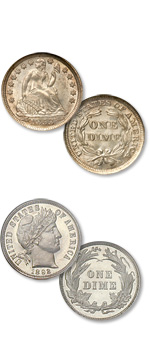 The Liberty Seated dime, above, and Charles Barber's Liberty Head dime. Both bear the same reverse design.