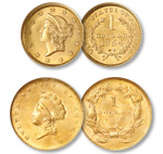 [photo: Liberty Head gold dollar and Indian Princess gold dollar]
