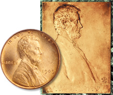 Victor David Brenner adapted the portrait for the cent's obverse from his Lincoln plaque and medal.