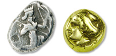 [photo: Lydia Silver Drachm, 480-460 B.C.; Electrum 1/8 Stater from Phokaia, 480-400 B.C.]
