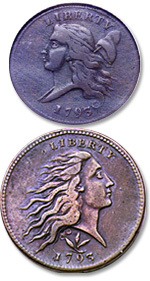 Copper-nickel coinage: Liberty Cap Left half cent; Flowing Hair large cent; Wreath Reverse large cent